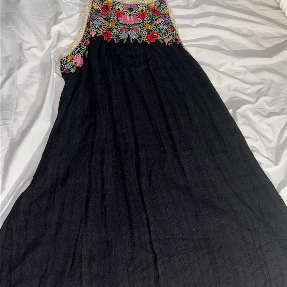Anthropologie Black Dress with Multicolor Embroidered Yoke
